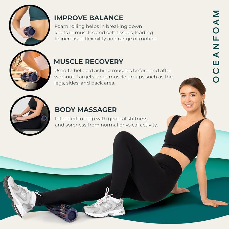 Oceanfoam Ripple Travel Foam Roller (11" x 3.35") Firm Mini Foam Roller for Physical Therapy, Deep Tissue Massage, Back Pain - High Density, Wave Textured - Yoga (Red, Dark Navy & Natural Marbled) - Image 5